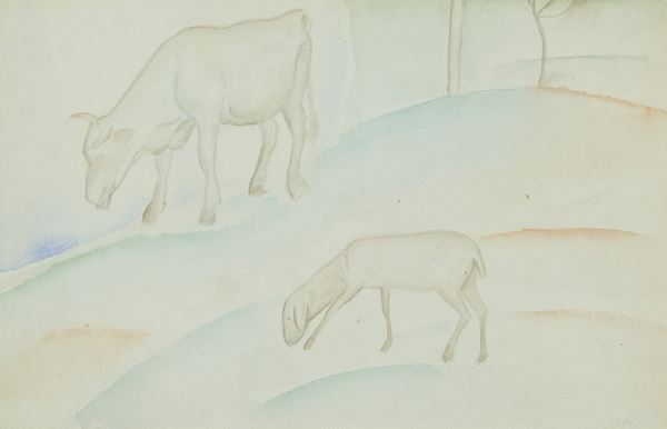 Ubaldo Oppi - Paesaggio con mucca e pecore