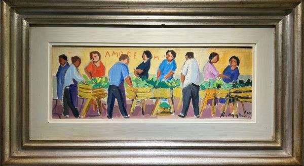 Rodolfo Marma : Mercatino  (1977)  - Olio su cartone telato - Asta Asta di Arte Moderna e Contemporanea - dipinti, disegni e multipli - Fabiani Arte