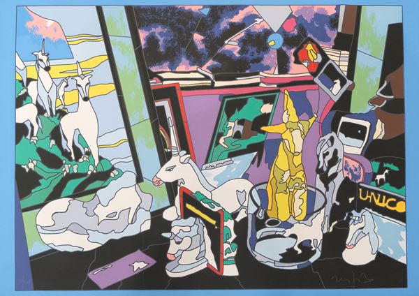 Ugo Nespolo : Unicorni  - Serigrafia su cartoncino - Asta Asta di Arte Moderna e Contemporanea - dipinti, disegni e multipli - Fabiani Arte