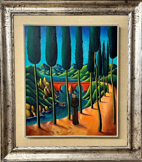 Dino Birindelli : Frate sulla strada con cipressi  (1962)  - Olio su tela - Asta Asta di Arte Moderna e Contemporanea - dipinti, disegni e multipli - Fabiani Arte