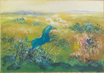 Paesaggio con cavalli, olio su tela
