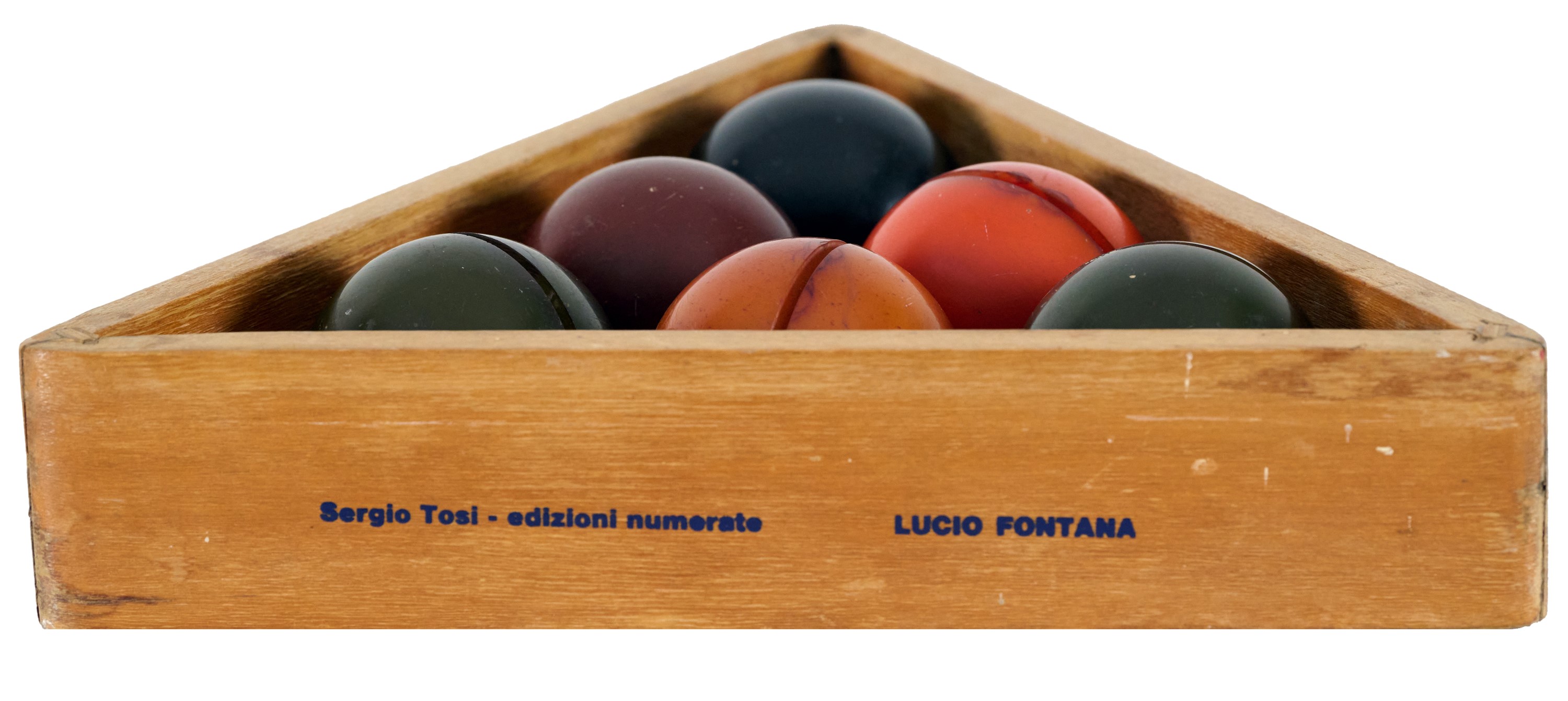 Lucio Fontana - Palline (6 sfere in plastica) su triangolo in legno