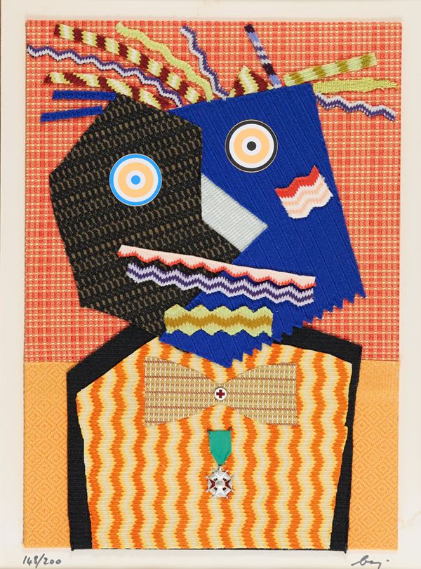 Enrico Baj : Mr Dupont de Nemours  (1969)  - Multiplo realizzato con tessuti M24 della Du Pont e passamanerie - Asta Asta di Arte Moderna e Contemporanea - Fabiani Arte