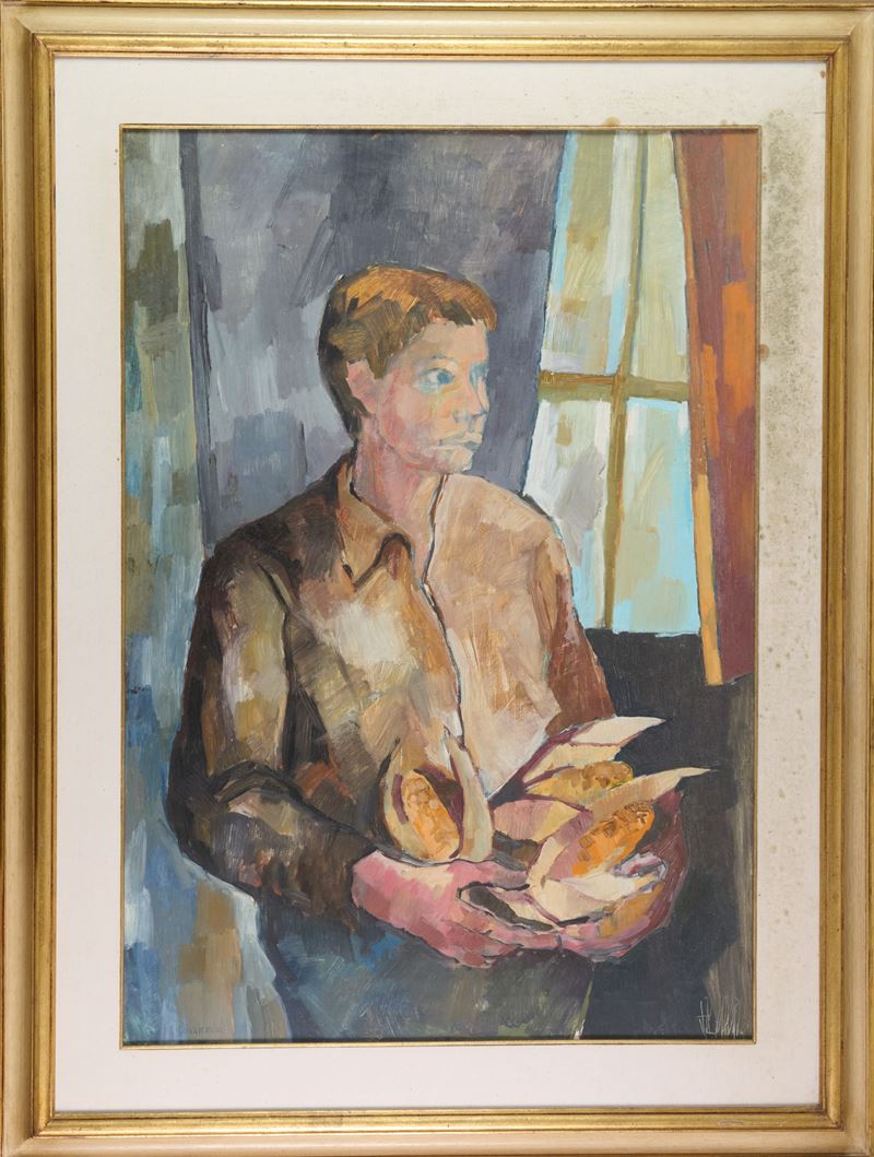 Remo Salvadori - Ragazzo con spighe di grano turco, olio su tela