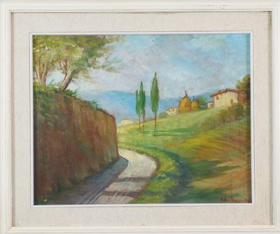 Viale tra cipressi e pagliai, olio su tavola