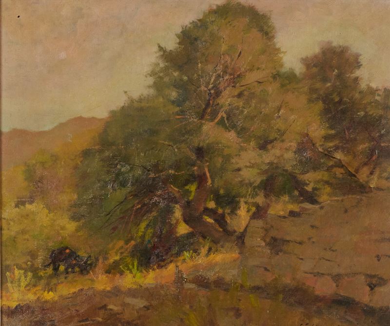 Carlo Domenici - Vegetazione con figure e animale, olio su tavola
