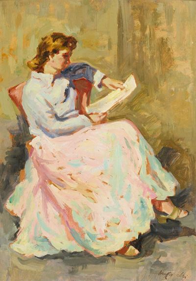Donna che legge, olio su cartone