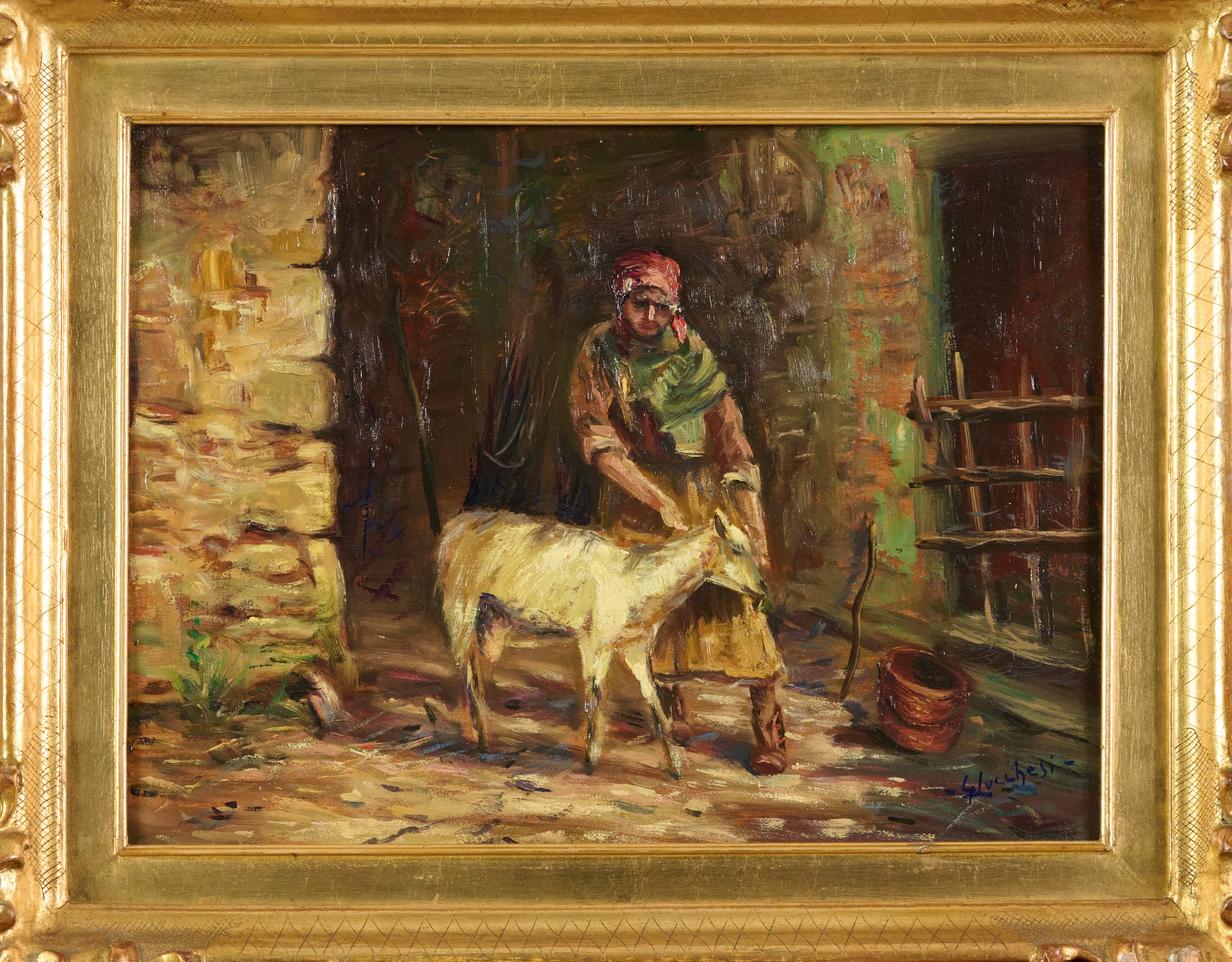 Giorgio Lucchesi - Contadina nella stalla, olio su tavola