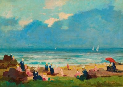 Figure in riva al mare, olio su tavola