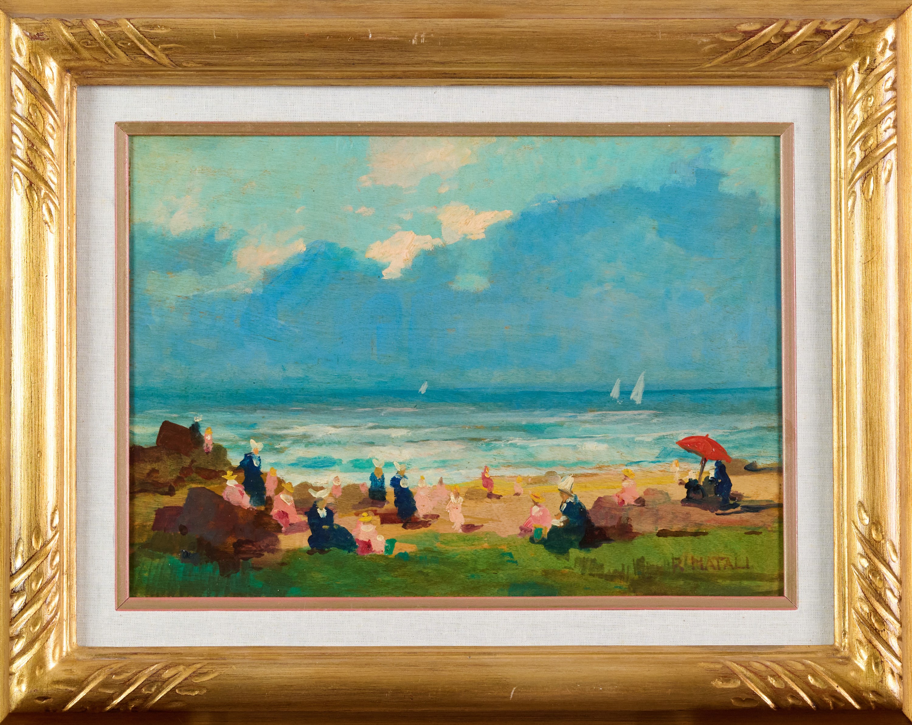 Renato Natali - Figure in riva al mare, olio su tavola