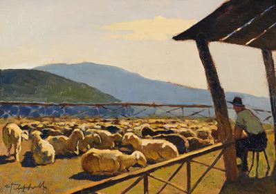 Pastore con gregge, olio su tavola