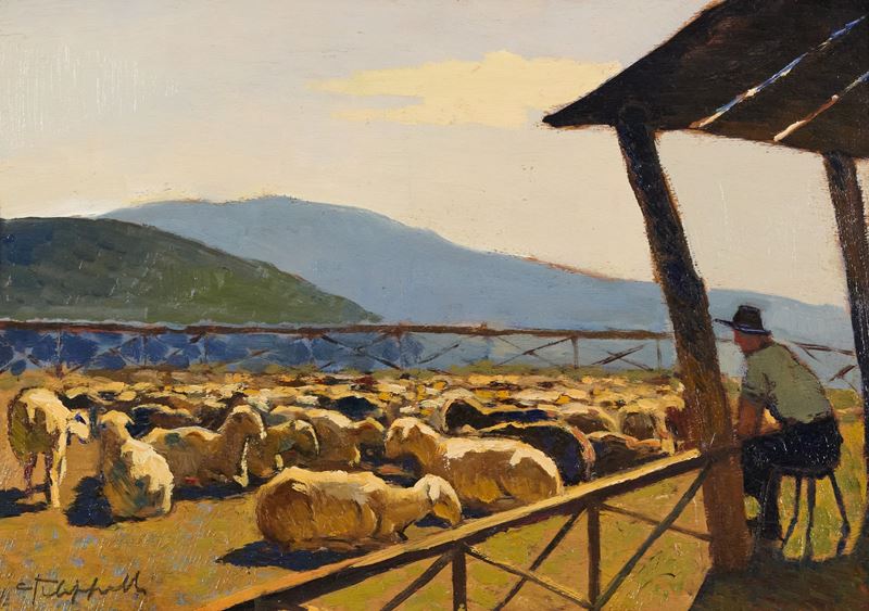 Cafiero Filippelli - Pastore con gregge, olio su tavola