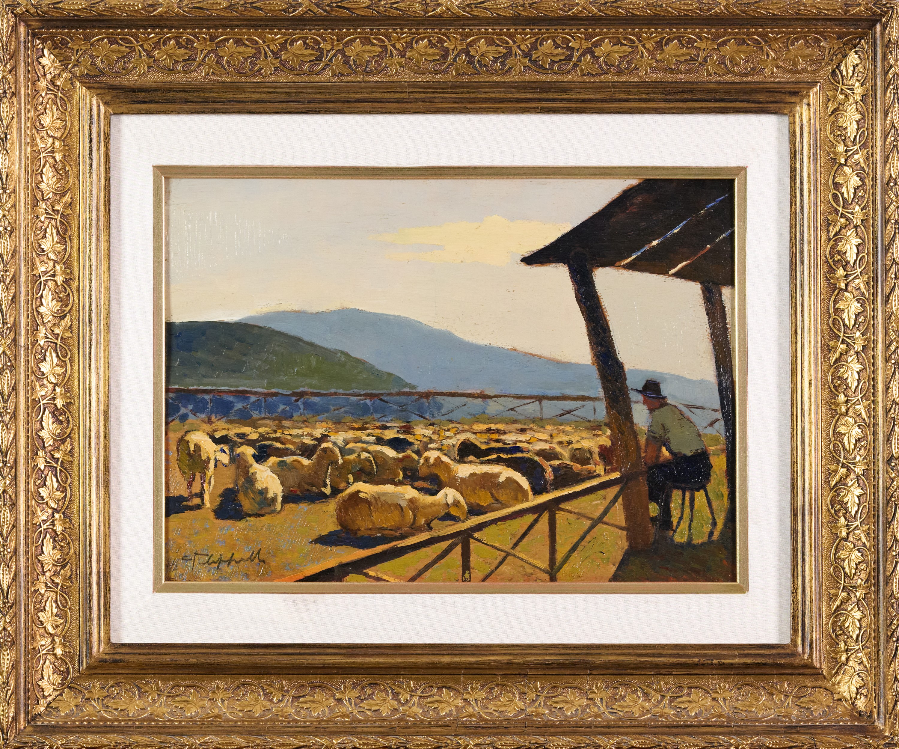 Cafiero Filippelli - Pastore con gregge, olio su tavola