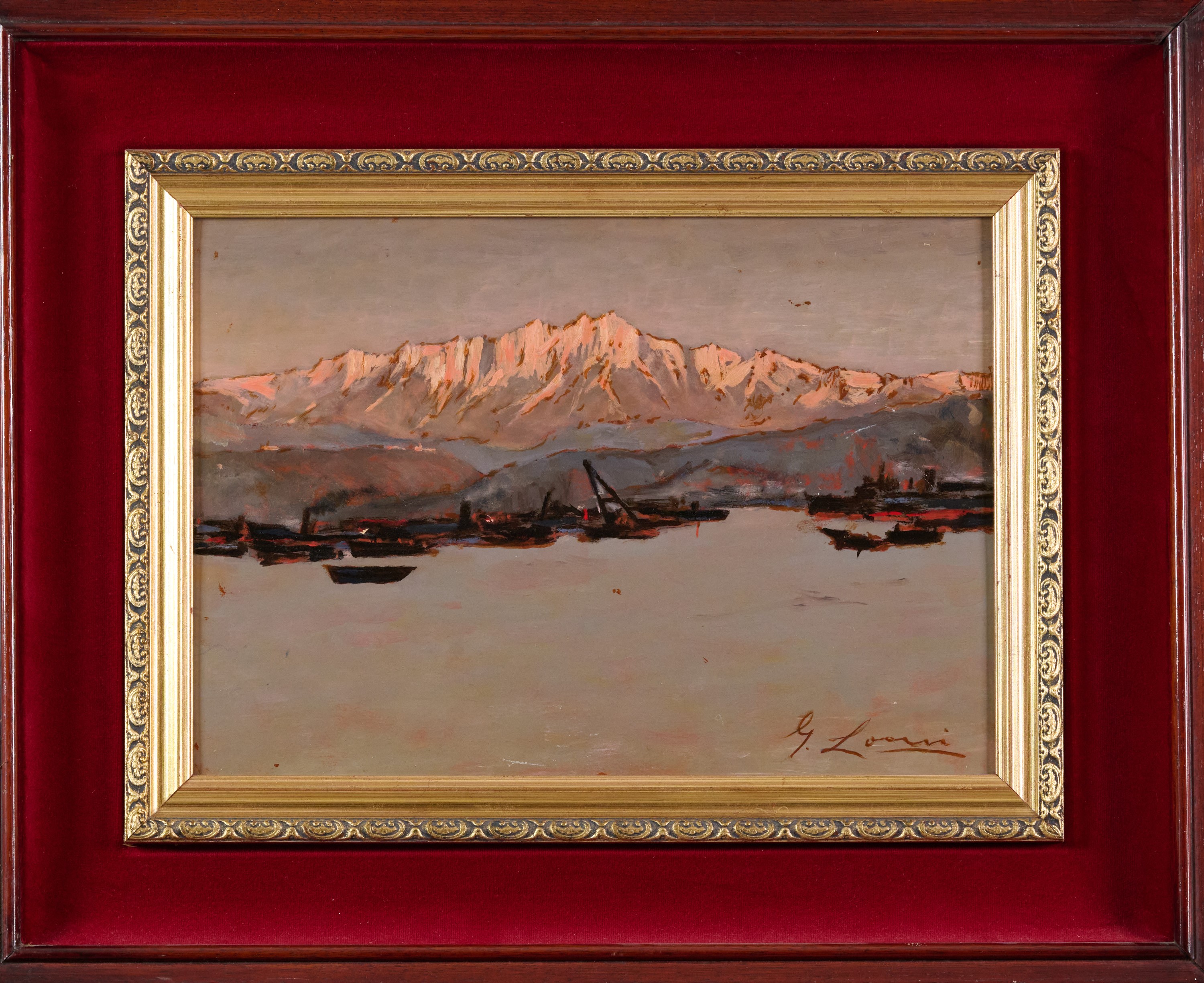 Giovanni Lomi - Barche ormeggiate al tramonto, olio su tavola