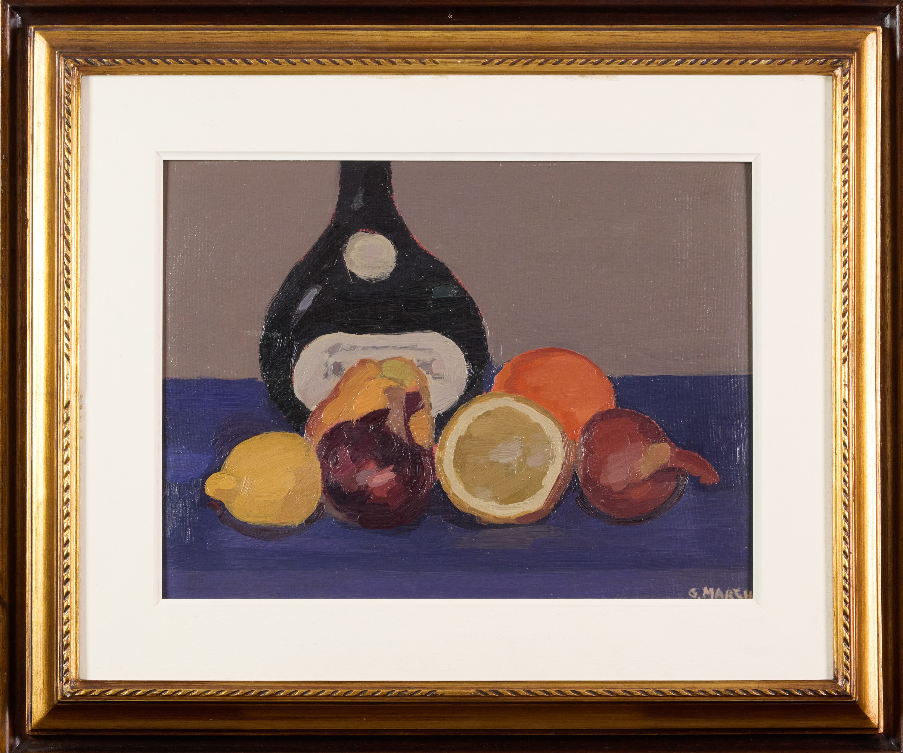 Giovanni March - Natura morta con bottiglia, olio su cartone telato