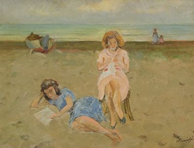 Sulla spiaggia, olio su tavola