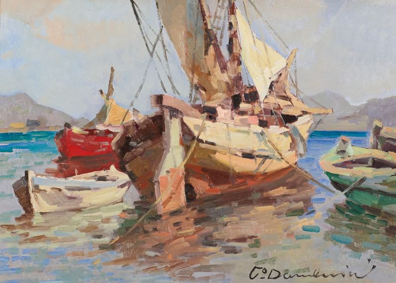Carlo Domenici - Veliero, Olio su faesite, cm. 35x50