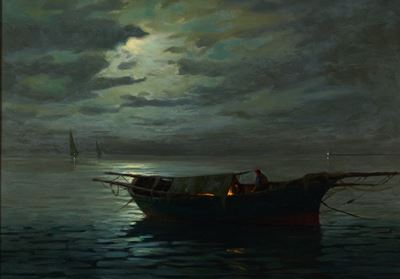 Notturno su mare, olio su tavola