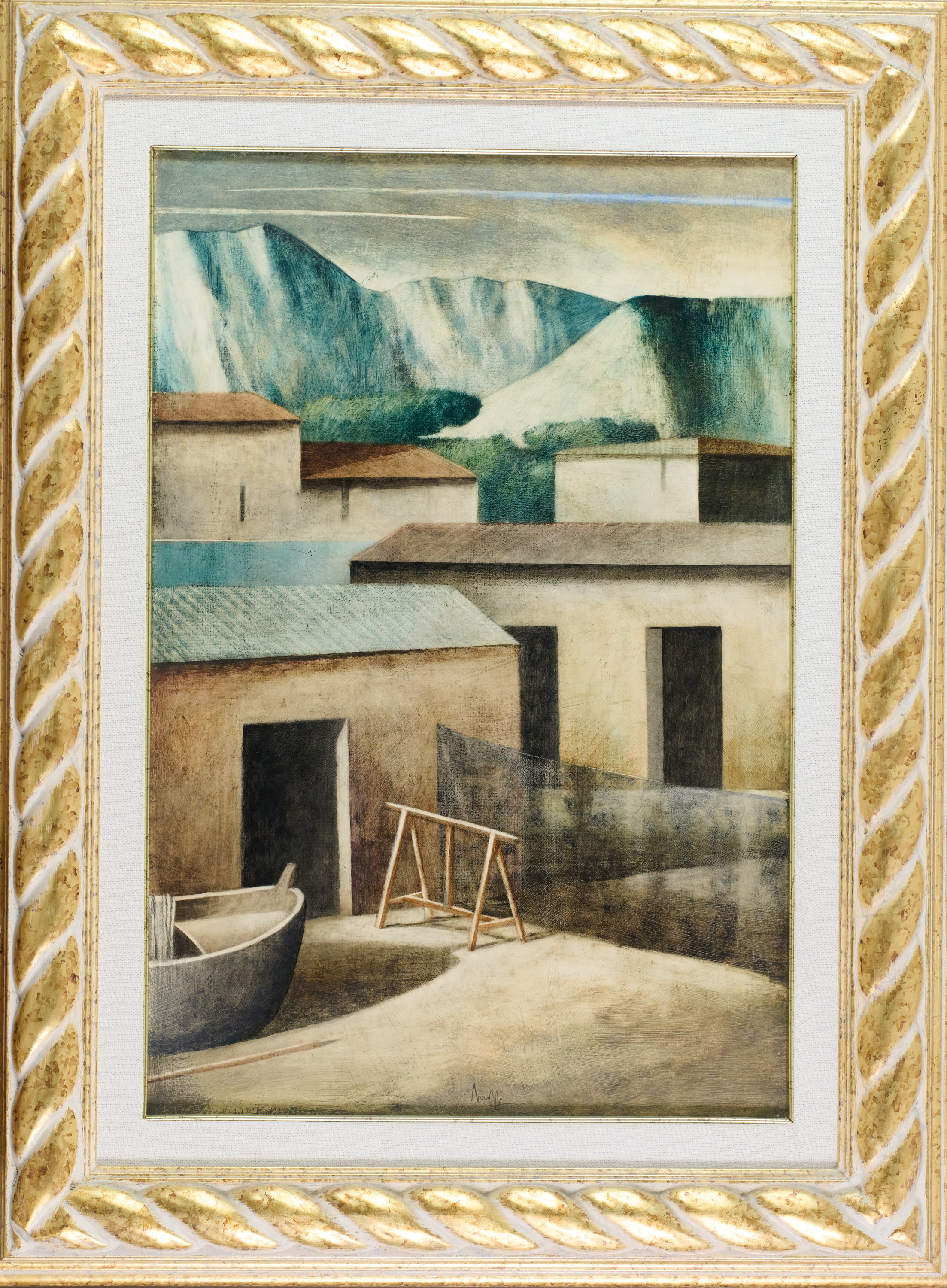 Marcello Scuffi - Il mare di inverno - Stabilimento balneare, olio su tela
