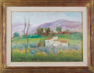 Paesaggio con case, olio su cartone telato, 1954
