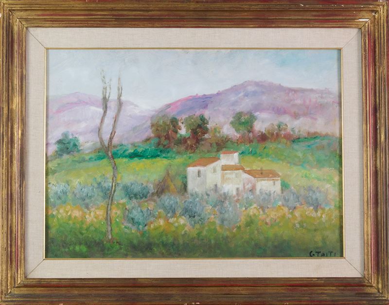 Giuseppe Taiti - Paesaggio con case, olio su cartone telato, 1954