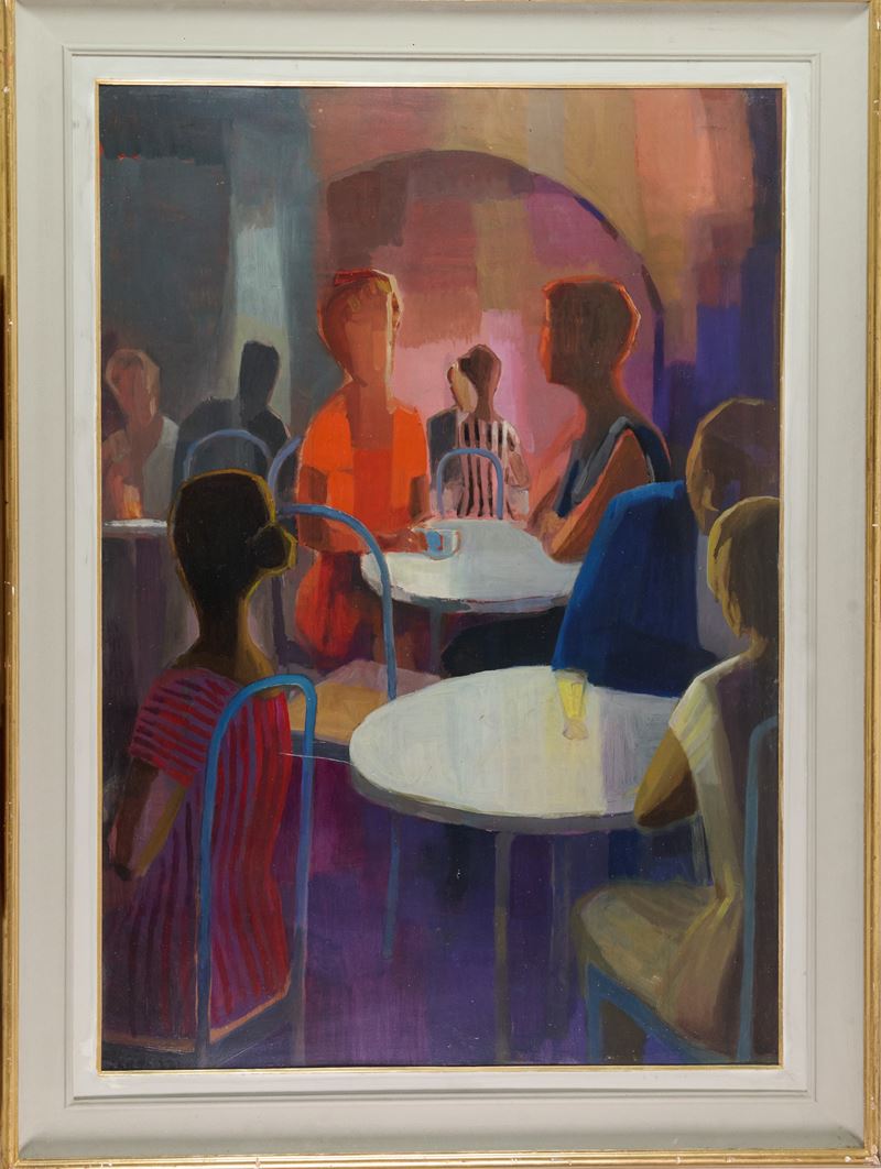 Eliano Fantuzzi - Figure al bar, olio su cartone, 100x70 cm