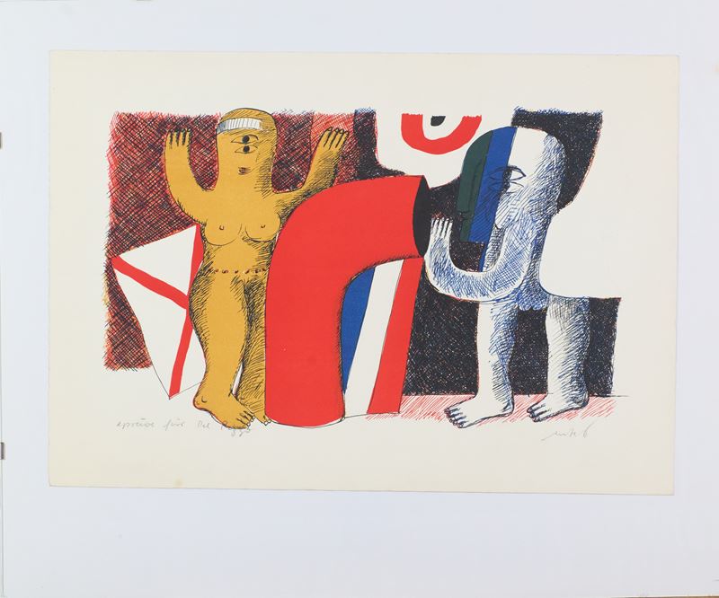 Horst Antes - Composizione con personaggi, litografia su carta