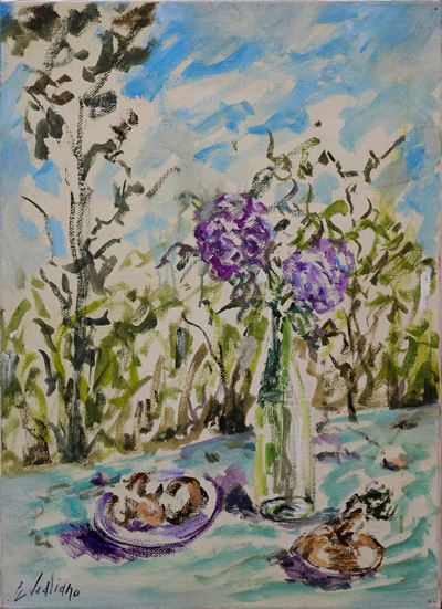 Fiori e funghi sul davanzale, olio su tela