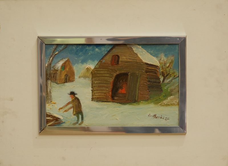 Enrico Bardazzi - Paesaggio con figure, olio su cartone