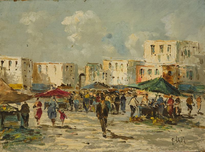 Sergio De Bellis - Mercato, olio su faesite, cm. 30x40