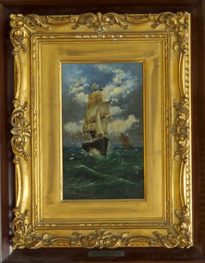 Marina con piroscafo, olio su tavola
