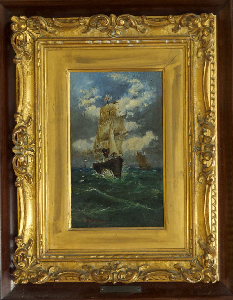 Ugo Manaresi - Marina con piroscafo, olio su tavola