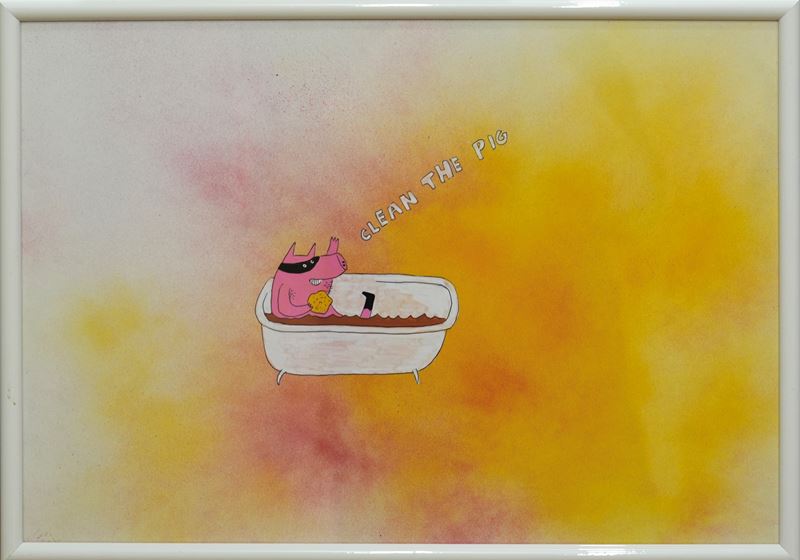 Laurina Paperina - Clean the pig - China, acrilico ed aerografo su cartoncino