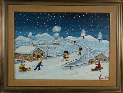Giochi sulla neve, olio su faesite