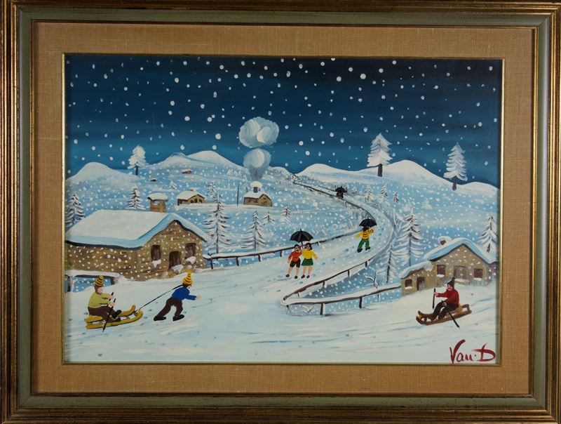 Anonimo - Giochi sulla neve, olio su faesite