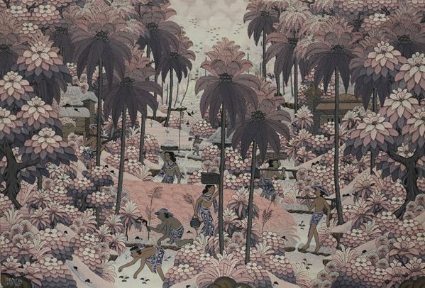 Anonimo Balinese - Villaggio con palme