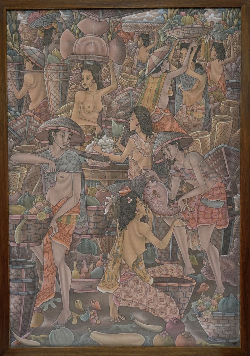 Anonimo Balinese - Autore sconosciuto, Donne al mercato, tècnica tela cm 66x46