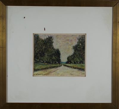 Strada tra gli alberi, olio su cartoncino