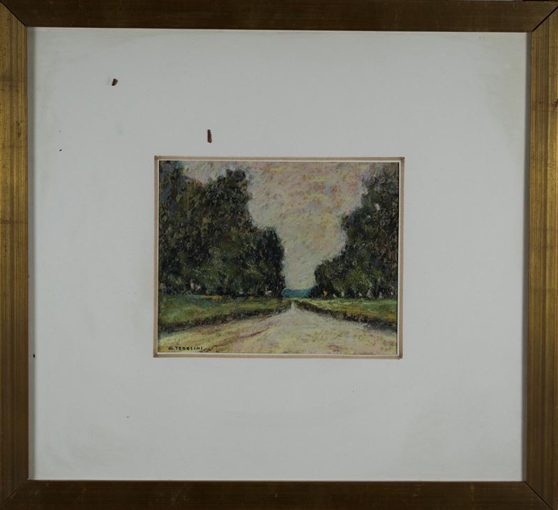 Gianni Tedeschi - Strada tra gli alberi, olio su cartoncino