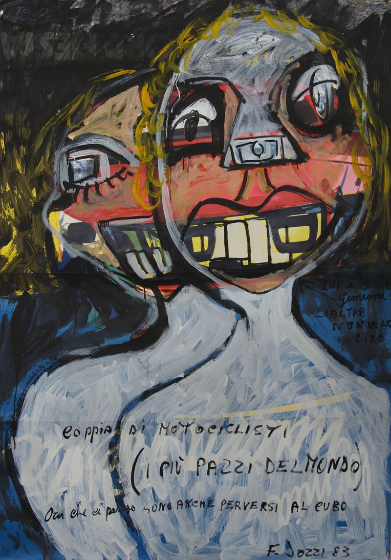 Francesco Jozzi - Coppia di motociclisti (I più pazzi del mondo), tempera su manifesto Ford