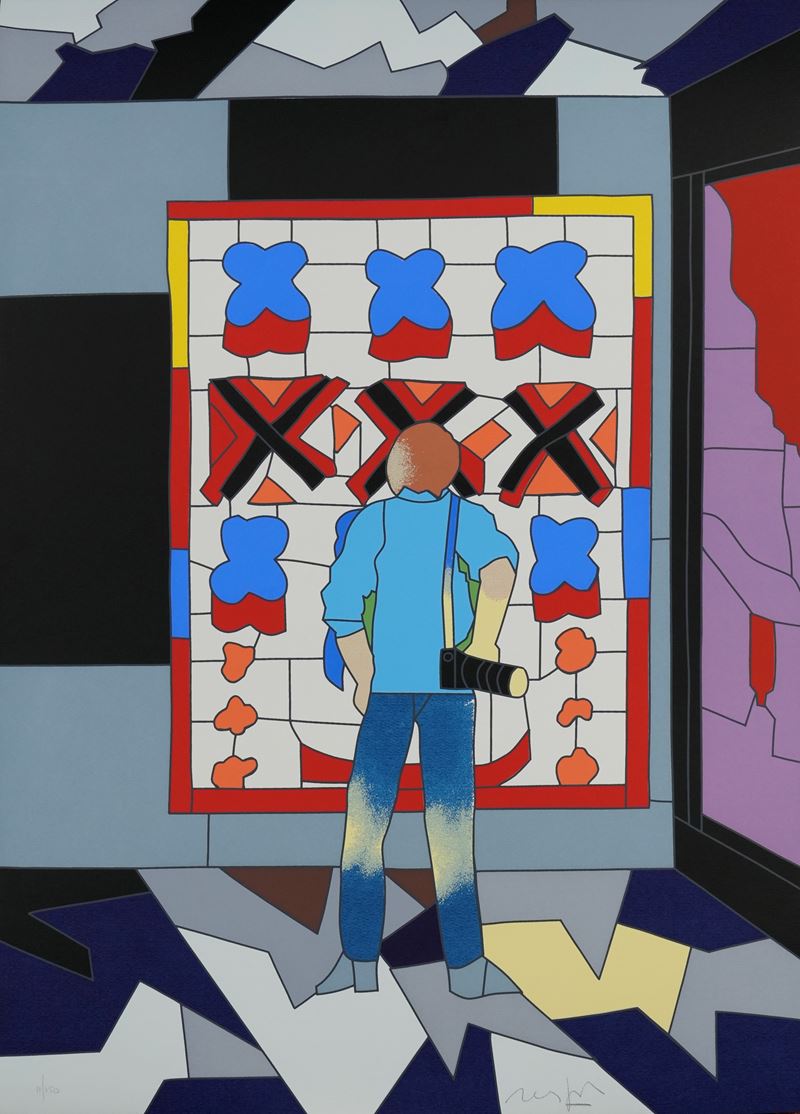 Ugo Nespolo - Uomo al museo, serigrafia a colori su carta