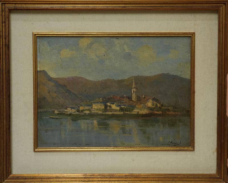 P.perini - Autore non identificato, Paesaggio lacustre, olio su tavola