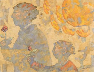 Due ombre blu con la rosa, olio su tela di juta (2009)