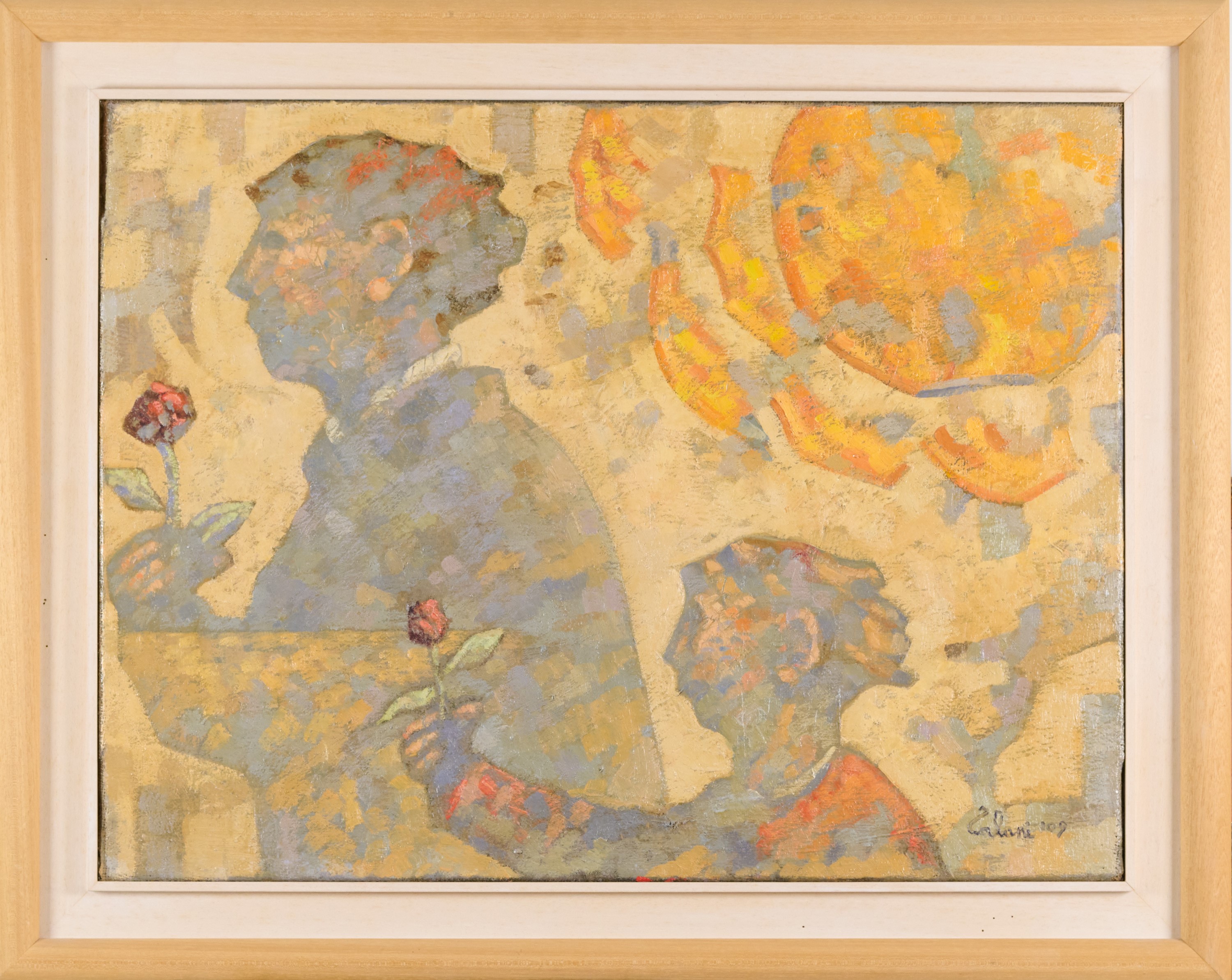 Giampaolo Talani - Due ombre blu con la rosa, olio su tela di juta (2009)
