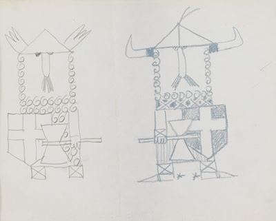 Due Vichinghi, grafite e pastello a cera su carta (1965)
