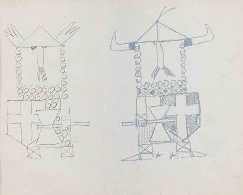 Pino Pascali - Due Vichinghi, grafite e pastello a cera su carta (1965)