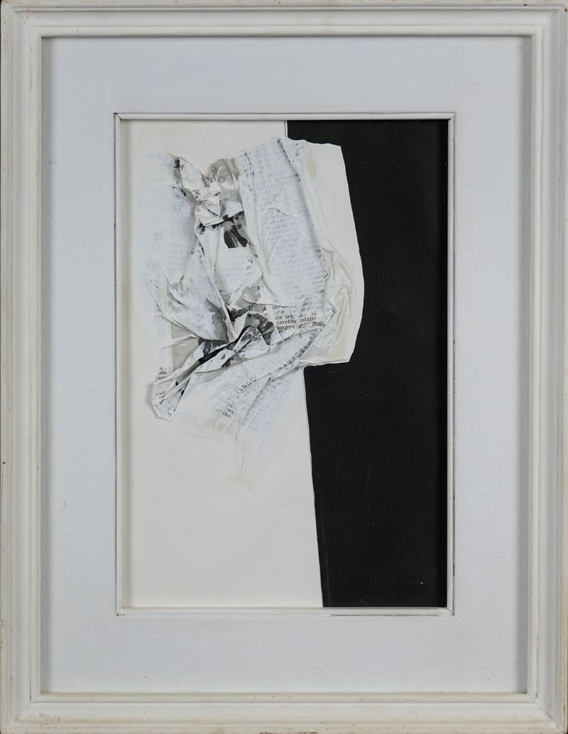 Luigi Bruno Bartolini - Forma, Giornale (bianco su nero) — tecnica mista e collage