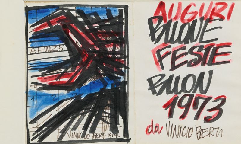 Vinicio Berti - Auguri di buone feste 1973, tecnica mista su carta