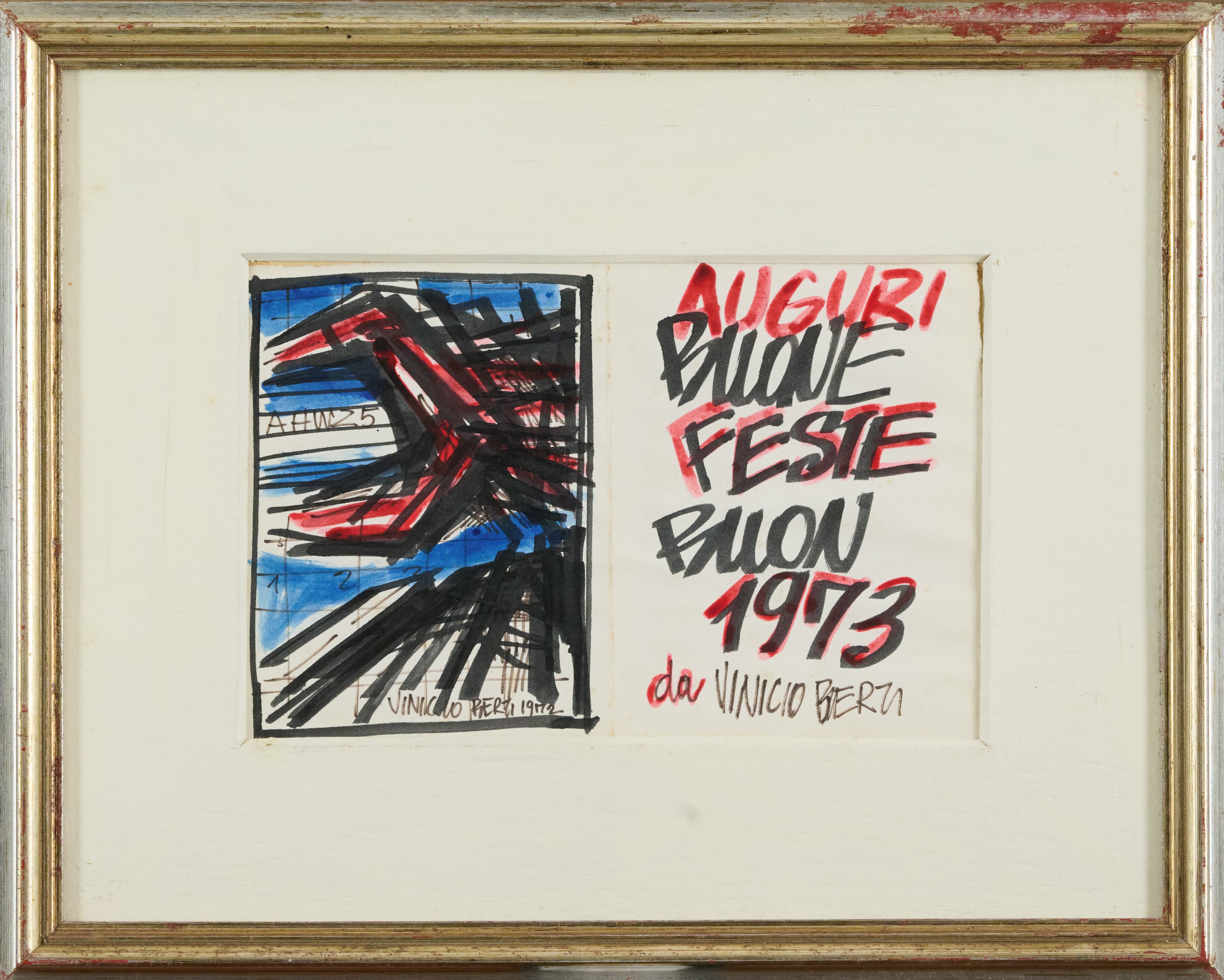 Vinicio Berti - Auguri di buone feste 1973, tecnica mista su carta