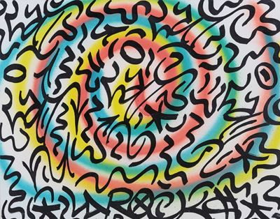 Over the Rainbow (spray e smalto con pennarello a vernice su cartone telato)